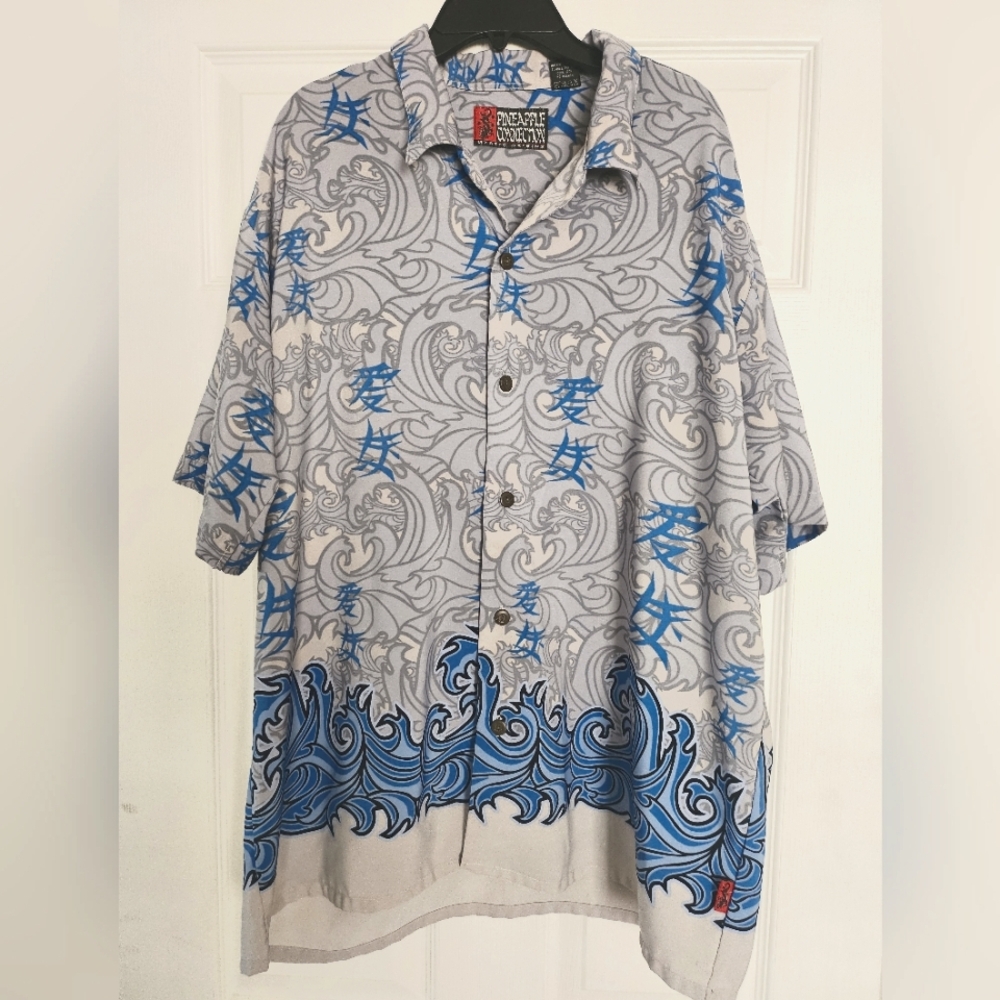 Pineapple Connection Men's Button Down Hawaiian Shirt Size Medium Gray & Blue